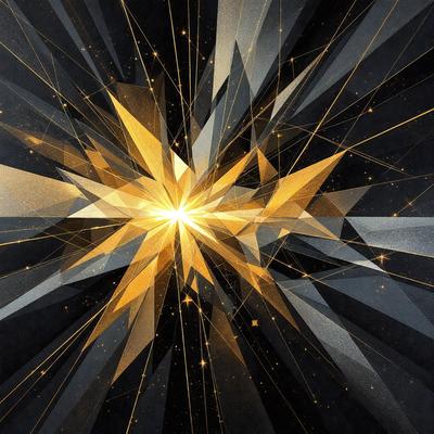 The primary subject of the image is a brightly colored, geometric pattern that resembles a star. The setting is a black background, which contrasts with the vibrant colors of the pattern. The visual style is a combination of digital art and illustration, creating a unique and eye-catching design. The dominant colors are yellow, orange, and gold, giving the pattern a warm and inviting atmosphere.